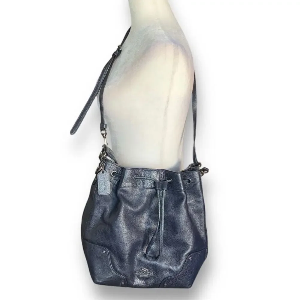 Coach Mickey Navy Blue Pebbled Leather Drawstring Bucket Bag Crossbody Classic
